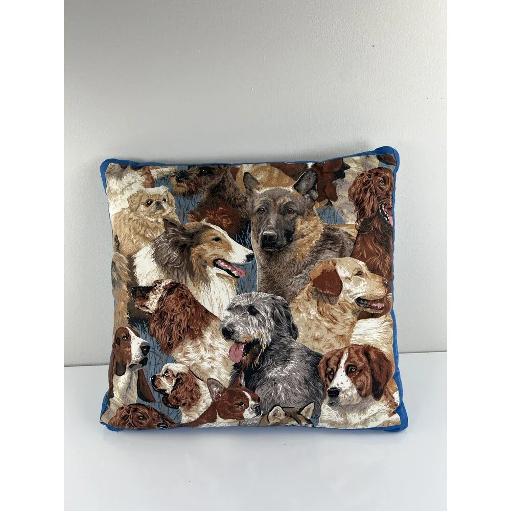 Vintage Fabric Dog All Over Print Decorative Throw Pillow Hand Stitch Detailing